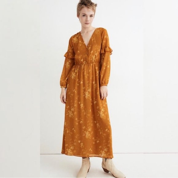 Madewell golden mustard maxi v neck button dress - Picture 1 of 2